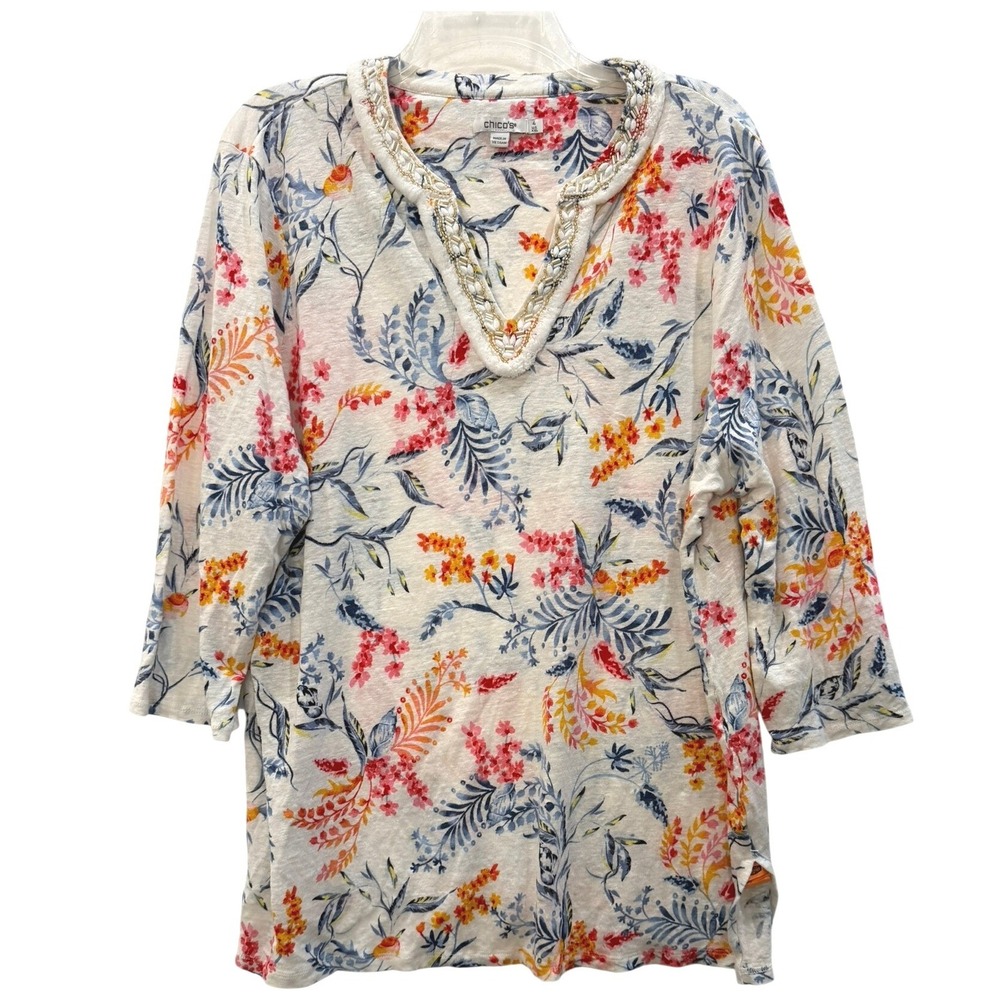 Chicos Floral Linen Tunic Top Beaded Split‎ V-Neck 3/4 Sleeve White Size 4 XXL
